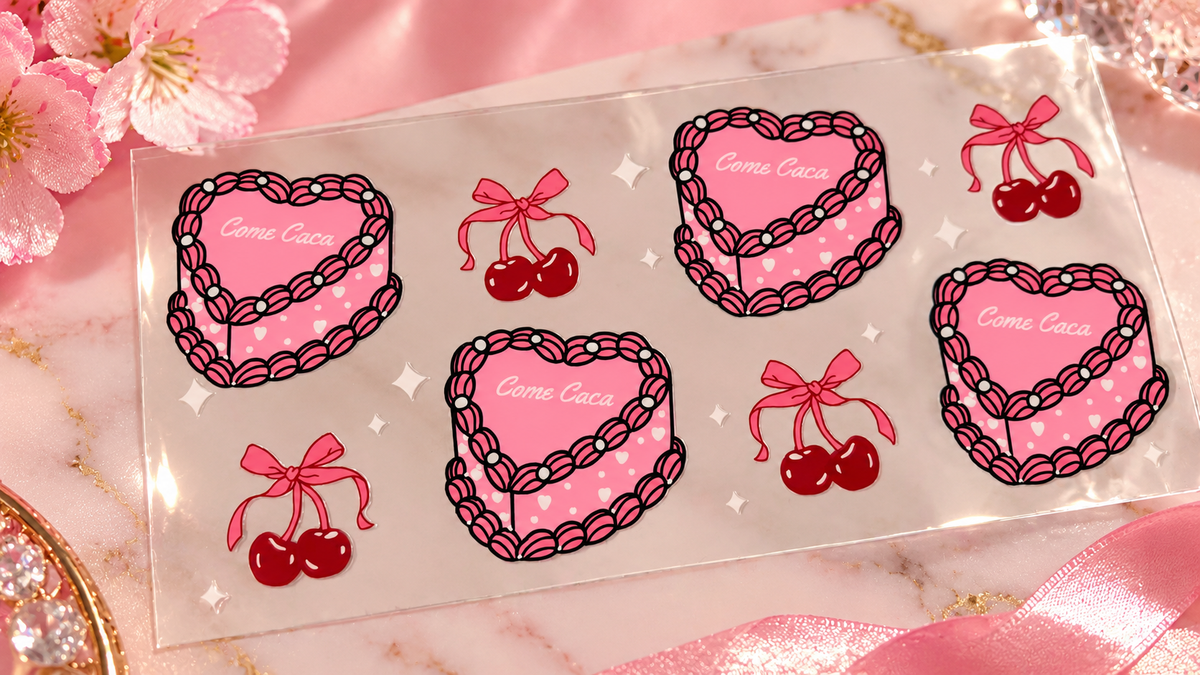🍒💕 Planche UV DTF “Come Caca” – Rose & Cerises 💕🍒 16oz