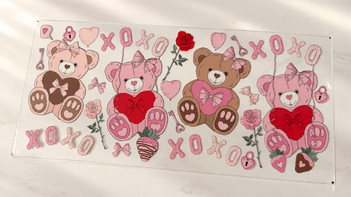 💗 Planche UV DTF – Collection Saint-Valentin Ours Kawaii 🧸🌹 16oz