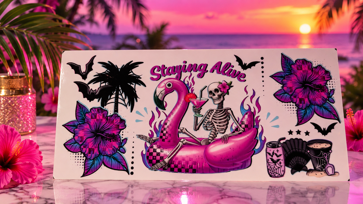 🌴💀 UV DTF “Staying Alive 16oz