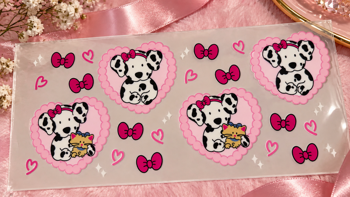 🐾🎀 Planche UV DTF – Dalmatien Kawaii Rose 🎀🐾 16oz