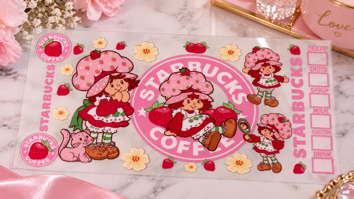 🍓☕ Planche UV DTF Fraise & Café Kawaii ☕🍓16oz