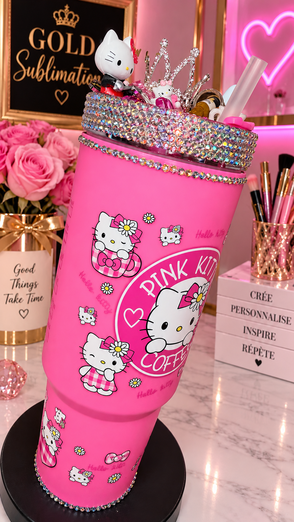 💕✨ TUMBLER HELLO KITTY PERSONNALISÉ – PINK KITTY COFFEE ✨💕 40oz