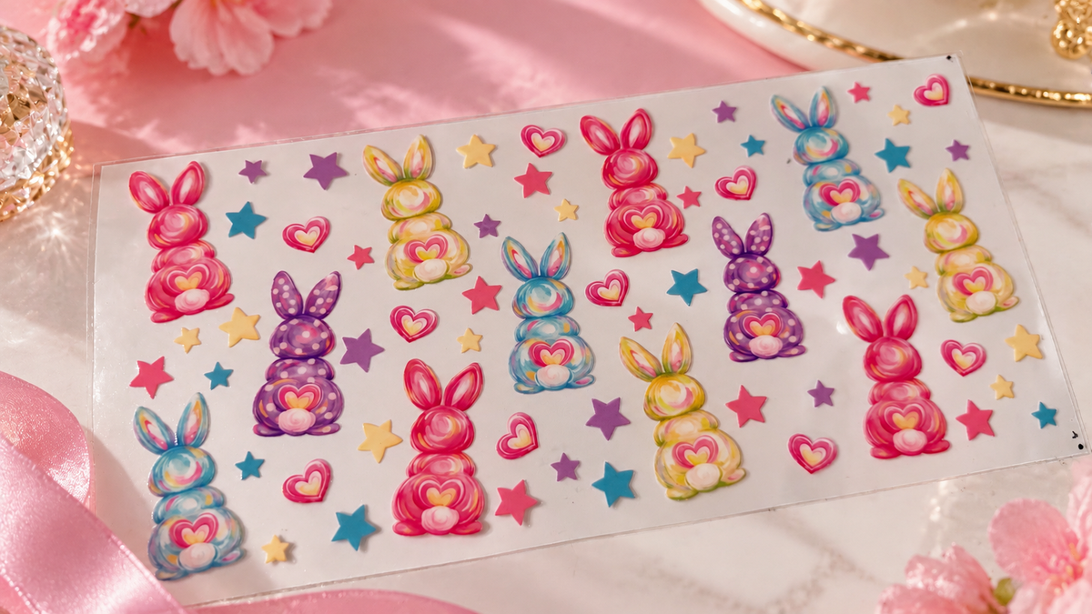 🐰💕 Planche UV DTF – Lapins Kawaii & Colorés 🌸✨ 16oz